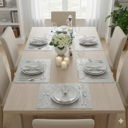SolaraDawn Faux Leather Table Placemats Set of 6, Washable, Wipeable & Heat-Resistant Table Mats, Waterproof Dining Place Mats with Embossed Texture for Kitchen & Dining, Light Gray, 17" × 12"