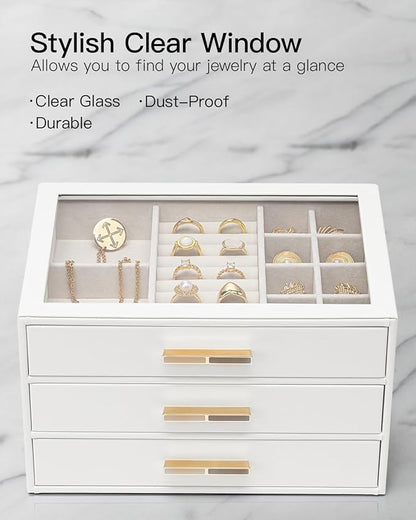 Vlando Jewelry Box for Women, Glass Lid Jewelry Organizer with 3 Drawers for Necklaces Rings Earrings Bracelets Christmas Gift - White