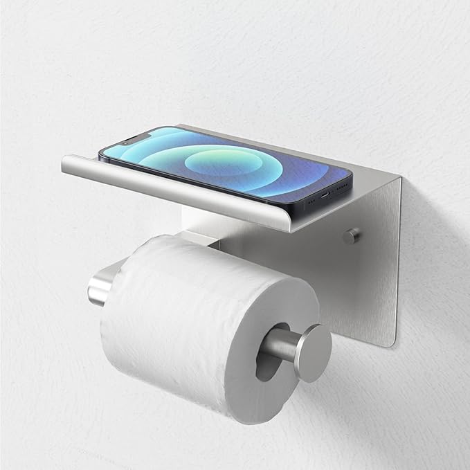 GLNLQ Brushed Nickel Toilet Paper Holder Wall Mount, Fits Mega Rolls Size Sliver Toilet Paper Holder with Shelf, Rustproof Stainless Steel Toilet Paper Roll Holder, Toilet Tissue Holder for Bathroom