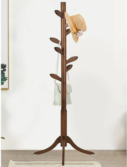 Wood Coat Rack Freestanding Coat Tree Rack with 8 Leaf Hooks, 3-Size Height Adjustable for Adults and Younger, Clothes Hanger Stand for Jacket, Hat, Entryway, Hallway, Corner, Bedroom (Vintage Brown)