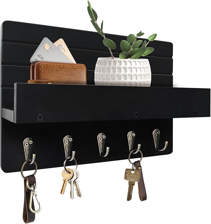 Key Holder Wall Mount, Rustic Key Hooks for Wall with Shelf for Mail Organizer, Entryway Decorative Key Rack with 5 Sturdy Hooks for Hanging Keys, Dog Leash, Sunglasses Wooden Key Hanger