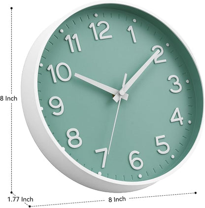 Roymnie Wall Clock Green, Silent Wall Clocks Battery Operated 8 Inch-Modern Non Ticking Analog Clock Decorative for Kitchen Office Bathroom Bedroom(Mint Green)