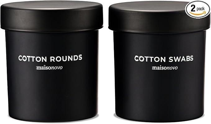 Maisonovo Glass Bathroom Containers with Lids (Airtight) - Qtip Holder - Apothecary Jars for Cotton Rounds, Swabs, Balls, Pads - Black Q Tip Dispenser - 2 pcs Bathroom Canisters Set for Organization