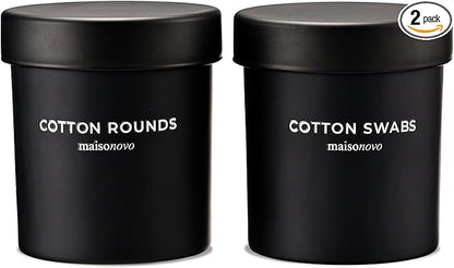 Maisonovo Glass Bathroom Containers with Lids (Airtight) - Qtip Holder - Apothecary Jars for Cotton Rounds, Swabs, Balls, Pads - Black Q Tip Dispenser - 2 pcs Bathroom Canisters Set for Organization