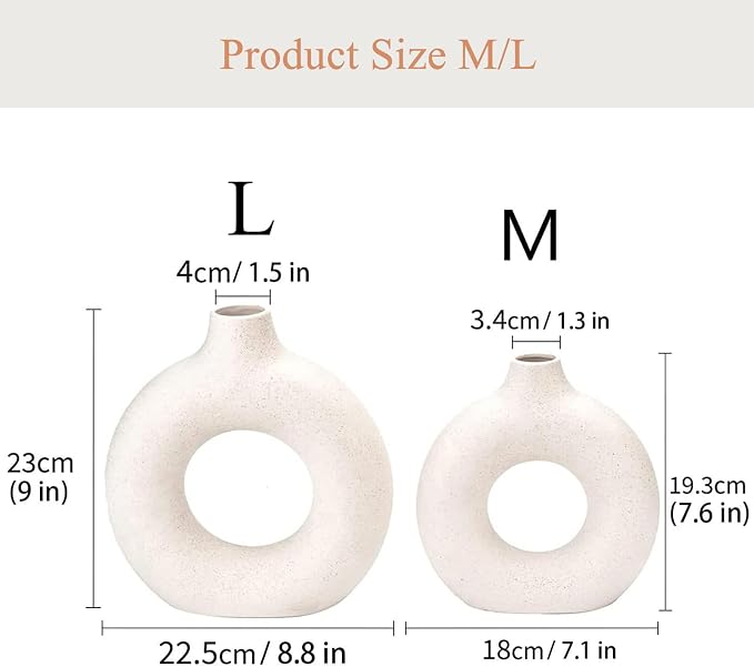 White Ceramic Donut Vase Set of 2, Big Hollow Round Matte Pampas Flower Vases for Boho Home Wedding Party Room Dinner Table Shelf Decor.