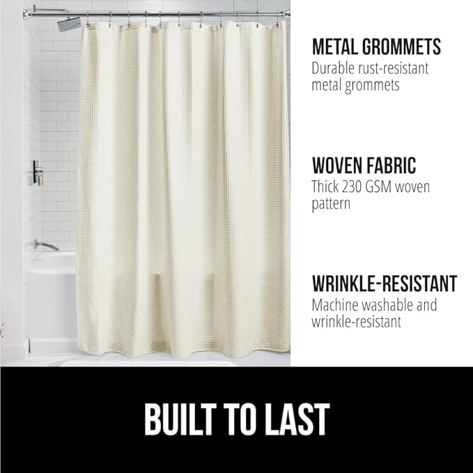 GORILLA GRIP Waffle Shower Curtain, Thick Weighted Fabric, Wrinkle and Rust Resistant, Hotel Quality Design, Heavy Duty Long Curtains for Bathroom Showers, Bath Tubs, Machine Wash, 72x72 Ivory Cream