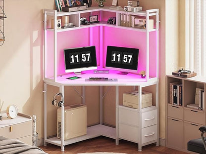 Corner Desk,35.4" W x 63" H Small Computer Desk and Office Desk with Hutch & LED Lights，Gaming Desk with Storage Drawers & Shelves and Hook for Small Space，White