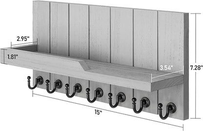 Rebee Vision Decorative Key and Mail Holder for Wall - Farmhouse 15 Inches Floating Shelf with 7 Sturdy Key Hooks for Home Entryway Wall Decor - Rustic Key Racks (Gray,15-inch)