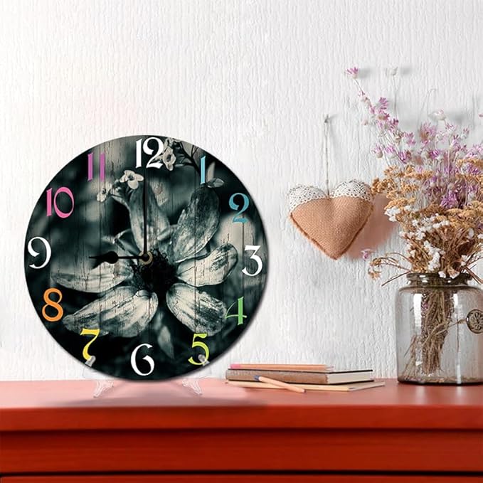Daisy Wall Clock 10 Inch Silent Non Ticking Battery Operated Wooden Modern Office Simple Minimalist Clock Decorative for Kitchen Home Bathroom Living Room