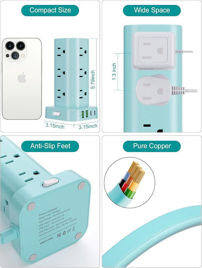 Power Strip Tower with Multiple Outlets, Flat Plug Surge Protector Tower Extension Cord with 12 AC Outlets 4 USB Ports (2 USB C), 6FT Cord Power Tower Surge Protector for Home Office Dorm Room, Blue