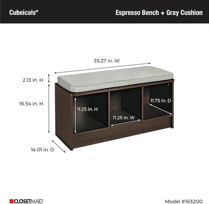 ClosetMaid 1632 Cubeicals 3-Cube Storage Bench, Espresso with Gray Cushion