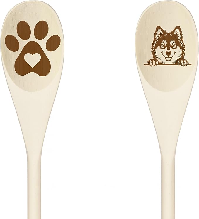 NORWEGIAN BUHUND Wooden Spoons for Cooking, Serving or Decorative Kitchen Utensils Set Dog Lover Dog Mom/Dad Gift with Peeking Dog Designs, Paw Print and Dog Head, Kitchen Utensils Set of 2
