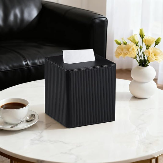 Tissue Box Cover Square with Magnetic Closure, PU Leather Tissue Box Holder for Bathroom NightStands Livingroom, Decorative Modern Square Tissue Holder (Black)