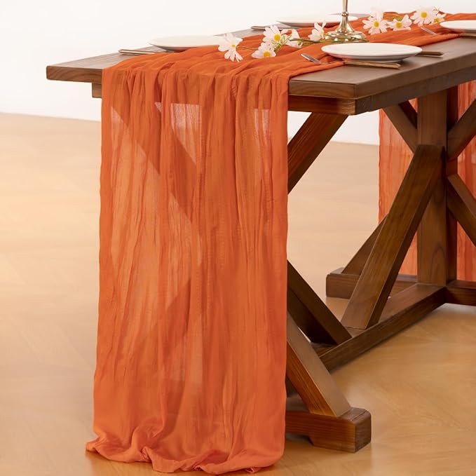 Socomi 6pcs Orange Cheesecloth Table Runner Valentine's Day Boho Rustic Gauze 120 inch 10FT Cheese Cloth Runner for Wedding Party Baby Shower Birthday Home Decor Holiday Decorations