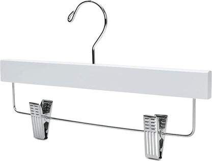 Quality 11 Inches Kids Wooden Pants Hangers 80 Pack - Skirt Hangers with Adjustable Metal Clips 360° Swivel Chrome Hook & Nonslip Notches- Ideal for Clothes Size 8 and Smaller (White, 80)