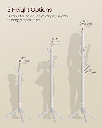 VASAGLE Solid Wood Coat Rack, Free Standing Tree-Shaped Coat Rack with 8 Hooks, 3 Height Options, for Clothes, Hats, Bags, Living Room, Bedroom, Home Office, Cappuccino Beige URCR004K01