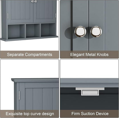 ChooChoo Bathroom Cabinet Wall Mounted 2-Door with 3 Open Shelves, Wooden Medicine Cabinets with Adjustable Shelf, Space Saver Storage Cabinets Over The Toilet for Bathroom&Living Room, Grey