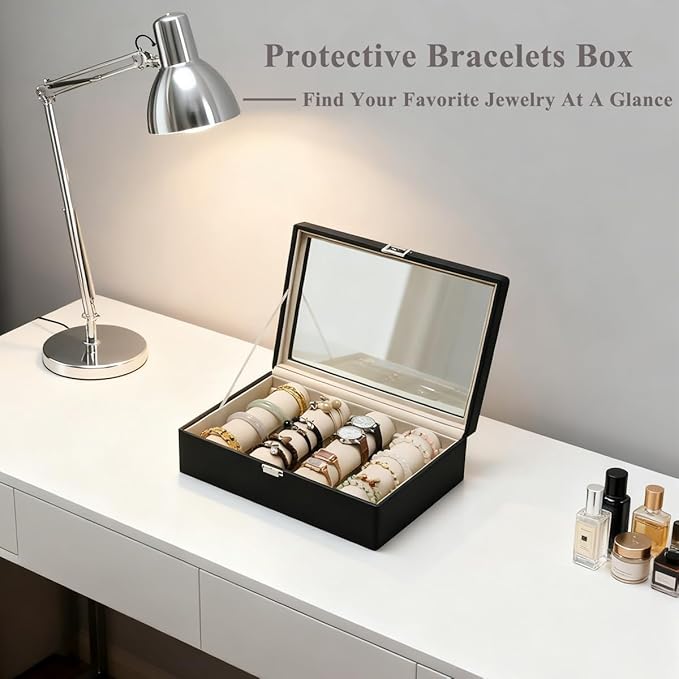 Bracelets Organizer Rods Bangles Display Holder, Clear See through Lid Leather Velvet Jewelry Storage Box Case for Women, 4 Rods Black Leather