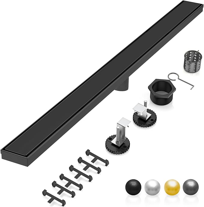 DLONE Linear Shower Drain | 48" AISI 304 Stainless Steel Linear Drain, Matte Black Shower Drain with Tile Insert Panel & Adjustable Feet, Long Rectangle Shower Floor Drain in Bathroom, Balcony, etc