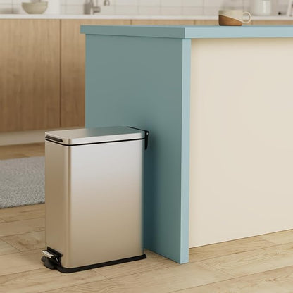 Home Zone Living 4 Gallon Stainless Steel Slim Kitchen Trash Can | Stainless Steel with Soft-Close Step Pedal Lid, Bag Tuck Band for Easier Bag Changes, Rectangular Shape, Silver