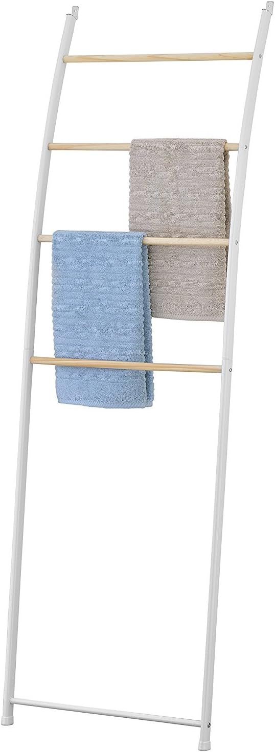 MyGift 4 Rung White Wall Leaning Blanket Ladder for Bedroom and Living Room, Bath Towel Storage Ladder, Freestanding Bathroom Drying Rack for Towels with Top and Bottom Non Slip Rubber Feet
