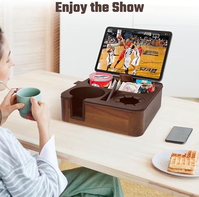 Couch Cup Holder Tray, Real Acacia Wooden Caddy with Soft Silicone, Snack and Drink Organizer- Perfect Movie Night Accessories for Bed, Remote and Cup Holders for Sofa (Coffee)