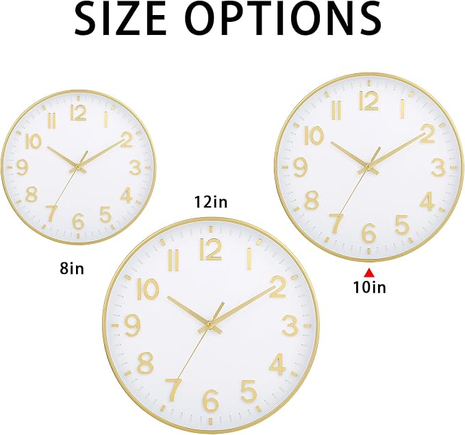 HZDHCLH Wall Clocks Battery Operated,Wall Clock White Gold,10 inch Wall Clock Silent Non Ticking Modern 3D Numbers for Office Kitchen Classroom Bedroom Living Room Decor