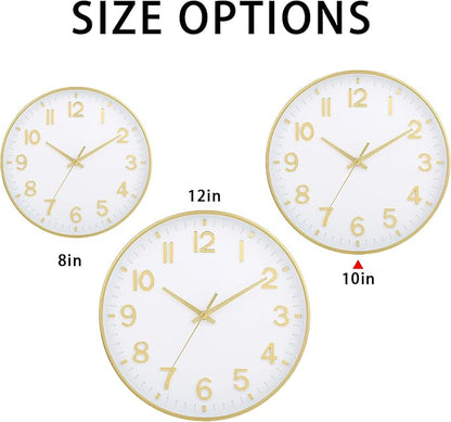 HZDHCLH Wall Clocks Battery Operated,Wall Clock White Gold,10 inch Wall Clock Silent Non Ticking Modern 3D Numbers for Office Kitchen Classroom Bedroom Living Room Decor