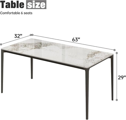 Dining Table, Sintered Stone Kitchen Table, 63'' White Modern Rectangular Slate Patio Table with Metal Legs, Indoor Outdoor Stone Dining Table for Patio, Backyard, Scratch and Heat Resistant