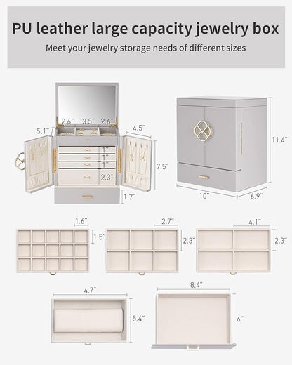 Vlando Large Jewelry Organizer Box, 5-Layer Jewelry Storage Box with Mirror & 4 Drawers for Earrings, Necklaces, Rings and Watch Organizer for Women Girls Mothers Day Gifts for Mom - Grey