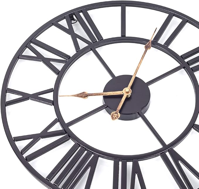 Large Industrial Wall Clock with Roman Numerals, Indoor Silent Non-Ticking Retro Clock, Vintage Metal Decorative Black Metal Art Clock Battery Operated for Home Kitchen Cafe Hotel Office Decor