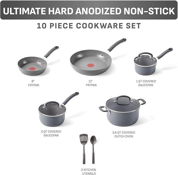 T-Fal Ultimate Hard Anodized Nonstick 10 Piece Cookware Set, Oven Safe Up to 400°F, Dishwasher Safe, Pots and Pans Set, Includes Frying Pans, Saucepan, Stockpot, Cooking Utensils, Grey