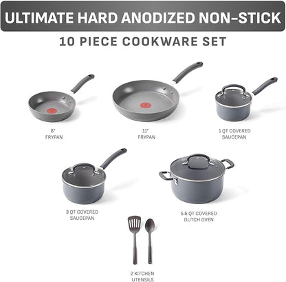 T-Fal Ultimate Hard Anodized Nonstick 10 Piece Cookware Set, Oven Safe Up to 400°F, Dishwasher Safe, Pots and Pans Set, Includes Frying Pans, Saucepan, Stockpot, Cooking Utensils, Grey