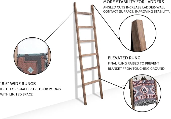 FUIN 6.4ft Extra Wide Wooden Blanket Ladder Living Room Decorative Wal Leaning Farmhouse Quilt Display Holder Rustic Wood Towel Rack for Bathroom, Burnt Brown, 18.5 inch Wide