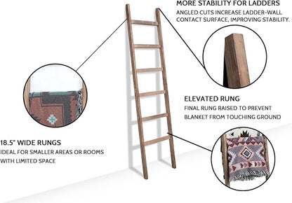 FUIN 6.4ft Extra Wide Wooden Blanket Ladder Living Room Decorative Wal Leaning Farmhouse Quilt Display Holder Rustic Wood Towel Rack for Bathroom, Burnt Brown, 18.5 inch Wide