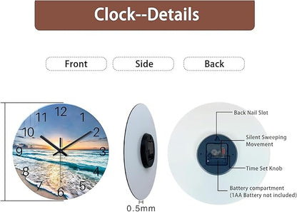 Blue Coastal Wall Clocks Battery Operated 16 Inch Glass Wall Clock Silent Beach Round Large Wall Clock for Living Room