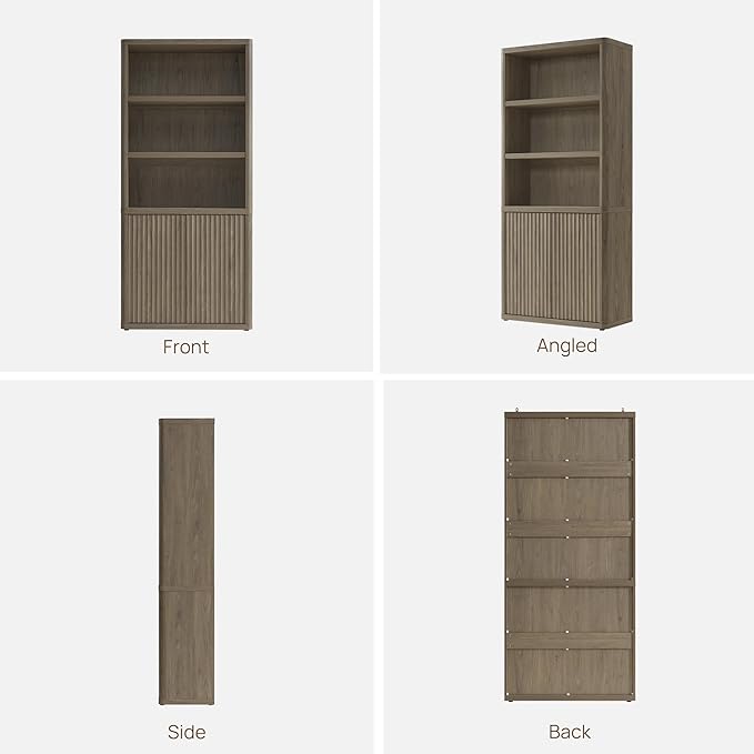 SICOTAS Book Shelf with Doors 71" Tall 6 Tier Bookshelf with Adjustable Shelves Fluted Booshelves & Bookcases Modern Book Case with Large Storage Display Cabinet for Living Room Home Office Bedroom