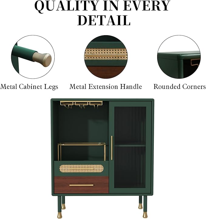 ARTPOWER Modern Coffee Bar Cabinet with Wine Glass Rack and Drawers, Green Liquor Cabinet with Pull-Out Wine Storage for Kitchen, Dining Room, Living Room | Wine Glass Rack, Drawers
