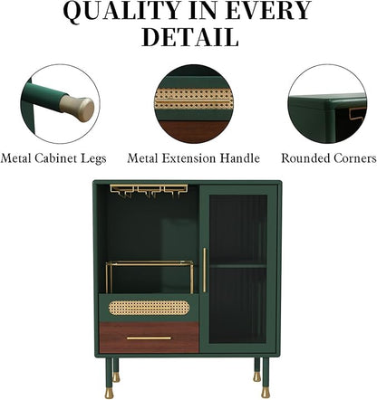 ARTPOWER Modern Coffee Bar Cabinet with Wine Glass Rack and Drawers, Green Liquor Cabinet with Pull-Out Wine Storage for Kitchen, Dining Room, Living Room | Wine Glass Rack, Drawers