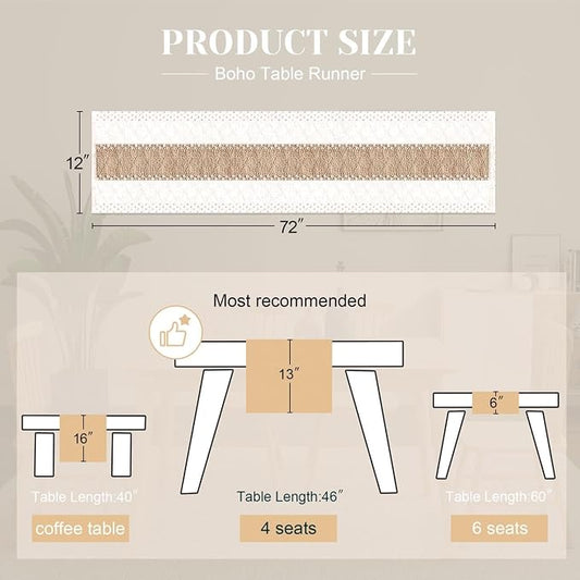 FEXIA Boho Table Runner for Home Coffee Decor 72 Inches Long Farmhouse Rustic Table Runner Macrame Burlap Centerpieces for Tables Decoration for Kitchen Bedroom Decor Bridal Shower (12x72 Inches)
