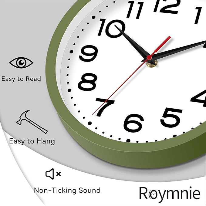 Roymnie Wall Clock Silent Non-Ticking Modern Clock Battery Operated 8 Inch Small Classic Analog Decorative for Kitchen, Bathroom, Office, Bedroom, Home(Green)