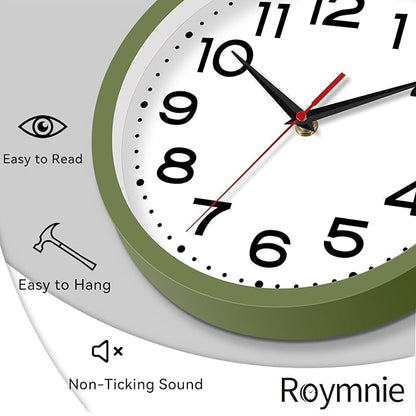 Roymnie Wall Clock Silent Non-Ticking Modern Clock Battery Operated 8 Inch Small Classic Analog Decorative for Kitchen, Bathroom, Office, Bedroom, Home(Green)