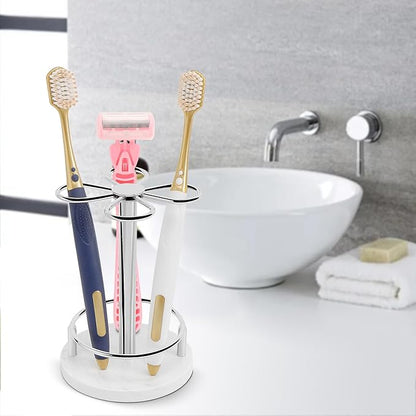 Toothbrush Holder Stand for Bathroom, Metal Toothbrush Organizer with Marble Base, Toothbrush Storage Collection for Family, Suitable for Home Hotel Countertop Vanity (Small, Chrome Finish)