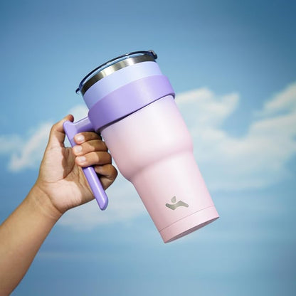 30 oz Tumbler with Handle and 2 Straw 2 Lid, Insulated Water Bottle Stainless Steel Vacuum Cup Reusable Travel Mug,Pastel Sunset