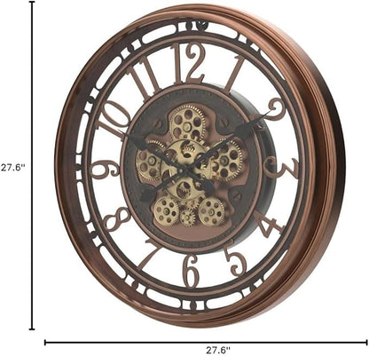 DORBOKER Real Moving Gears Wall Clock Large Modern Clocks for Living Room Decor, Industrial Steampunk Unique Vintage Rustic Decorative Clock for Home Farmhouse Office, 28 Inch,Red Copper Arabic