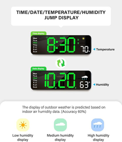 Digital Wall Clock, Digital Clock Large Display with Remote Control, Corded LED Alarm Clocks with Date, Week, Temp, Humidity, Auto DST, Countdown, for Living Room Bedroom Classroom Office (Green)