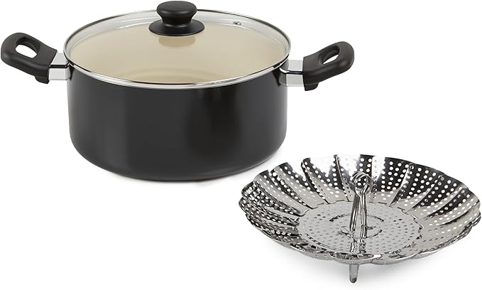 Amazon Basics 11-Piece Ceramic Non-Stick Pots and Pans Set, Dishwasher & Oven Safe, Easy Clean, Glass Lids, Black/Cream