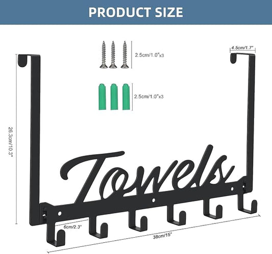 Azmoncy 2 Pack Over The Door Hooks, Towel Rack for Bathroom Towel Holder for Hanging Heavy Duty, Over Door Towel Hanger with 12 Coat Hooks for Bedroom Bathroom Kitchen Towels, Bag, Hats, Black