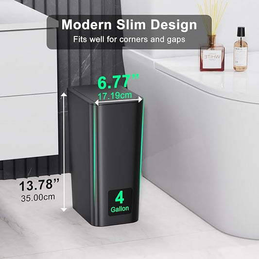 N. NETDOT 3 Pack (2 of 4 Gal & 1 of 2.6 Gal) Small Trash Can with Lid,Bathroom Garbage Can with Pop-Up Lid,Waste Basket for Bathroom,Kitchen,Bedroom,Powder Room,Craft Room,Office,College (Black)