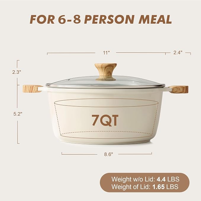 SENSARTE Ceramic Nonstick Stock Pot with Lid, 7 Quart Induction Cooking Pot with Tempered Glass Lid, Stew Pot for Soup and Oatmeal, Pasta Casserole, PFOA PFAS PTFE Free, Creamy White